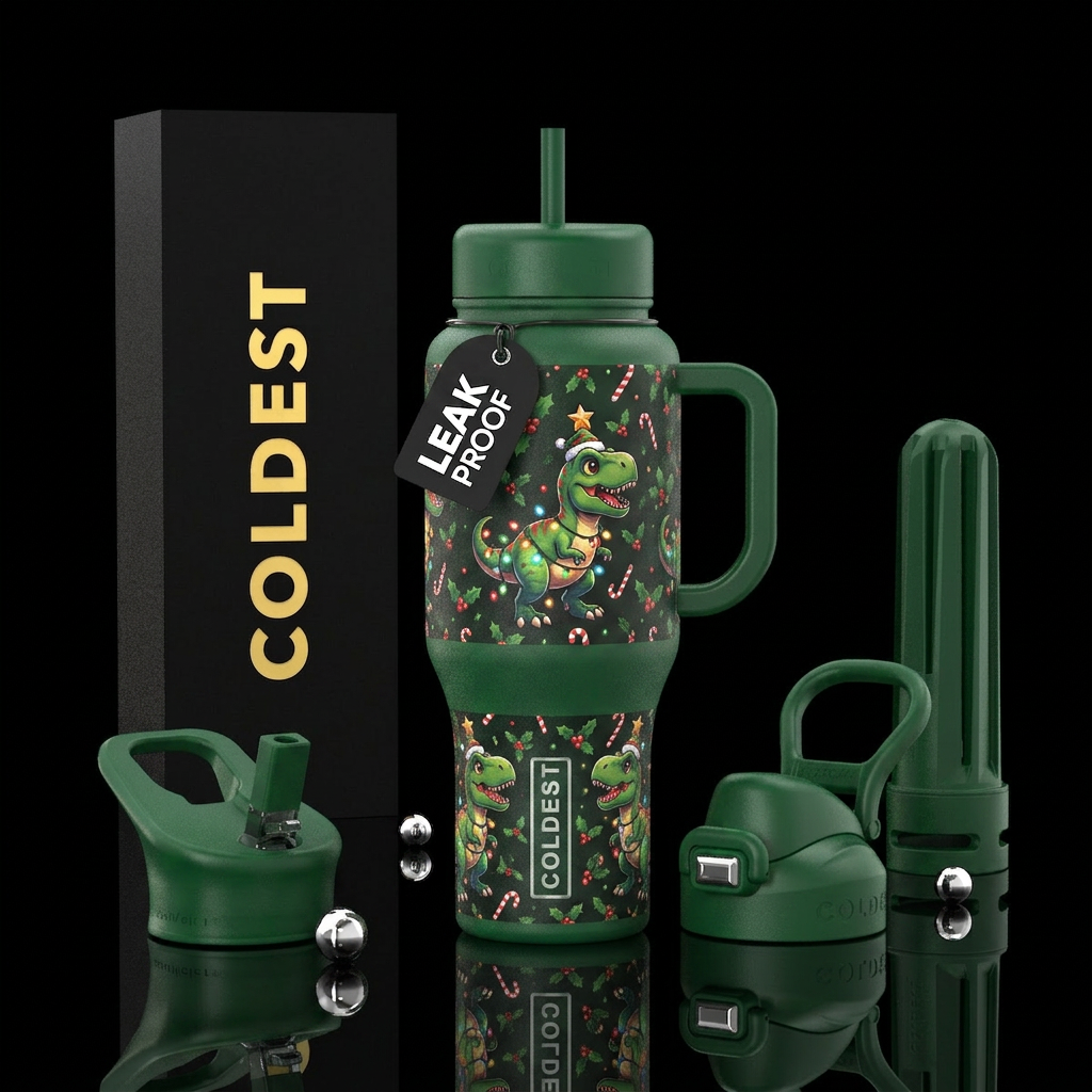 Baby t rex's draped with Xmas lights with Xmas sta... water bottle design