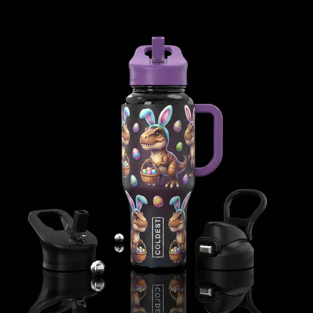 Baby t rexs with easter bunny ears and easter bask... water bottle design
