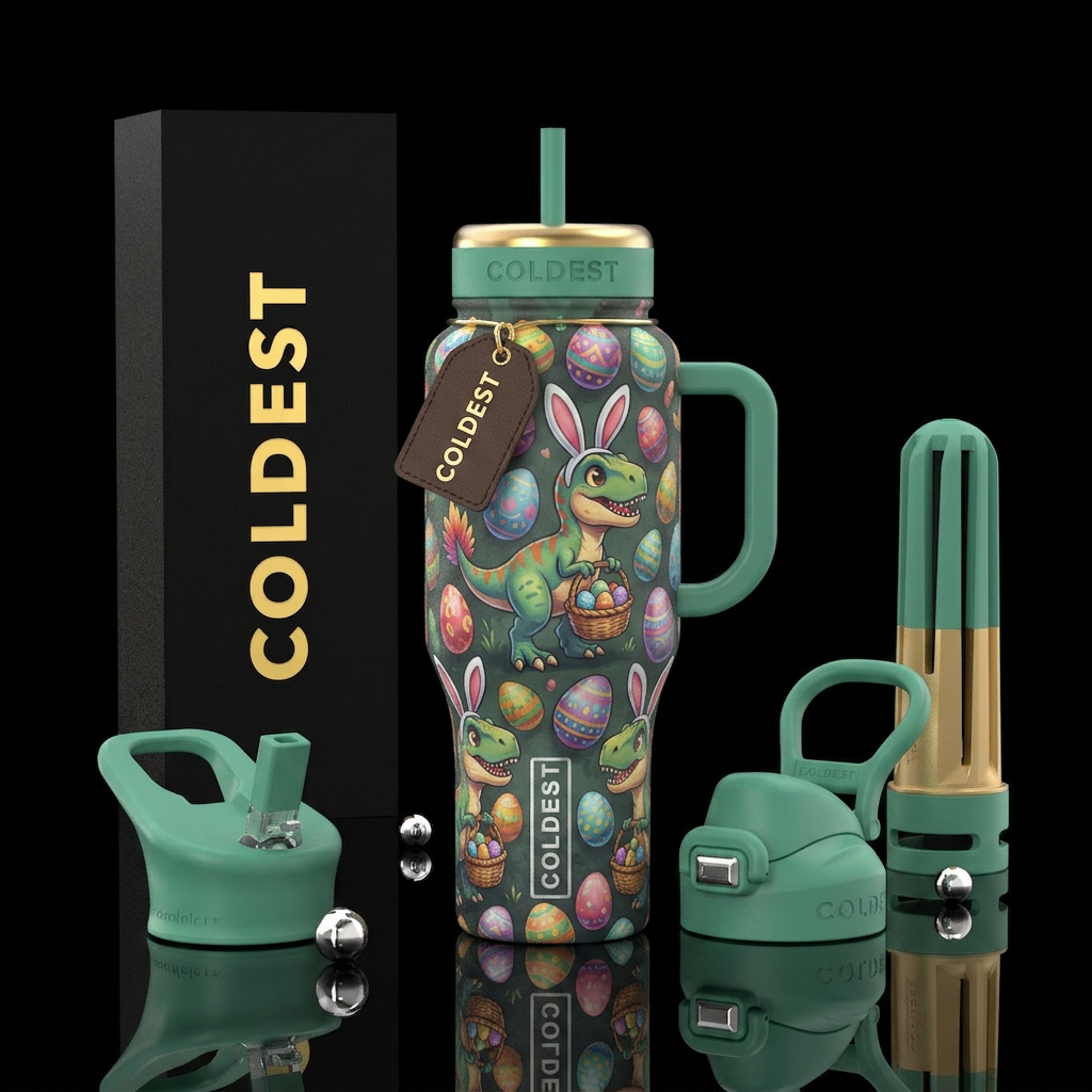 Baby t rexs with easter bunny ears and easter bask... water bottle design
