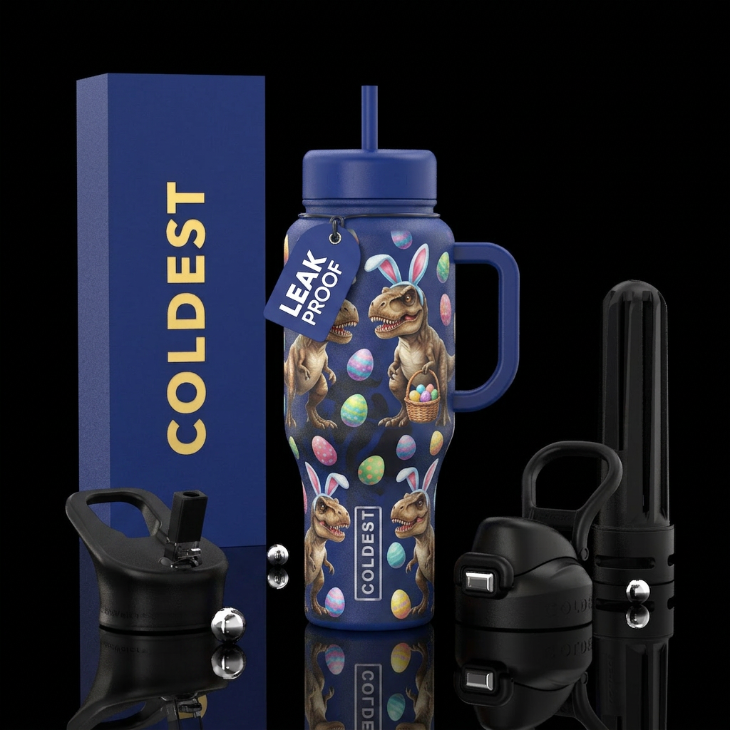 Baby t rexs with easter bunny ears and easter bask... water bottle design