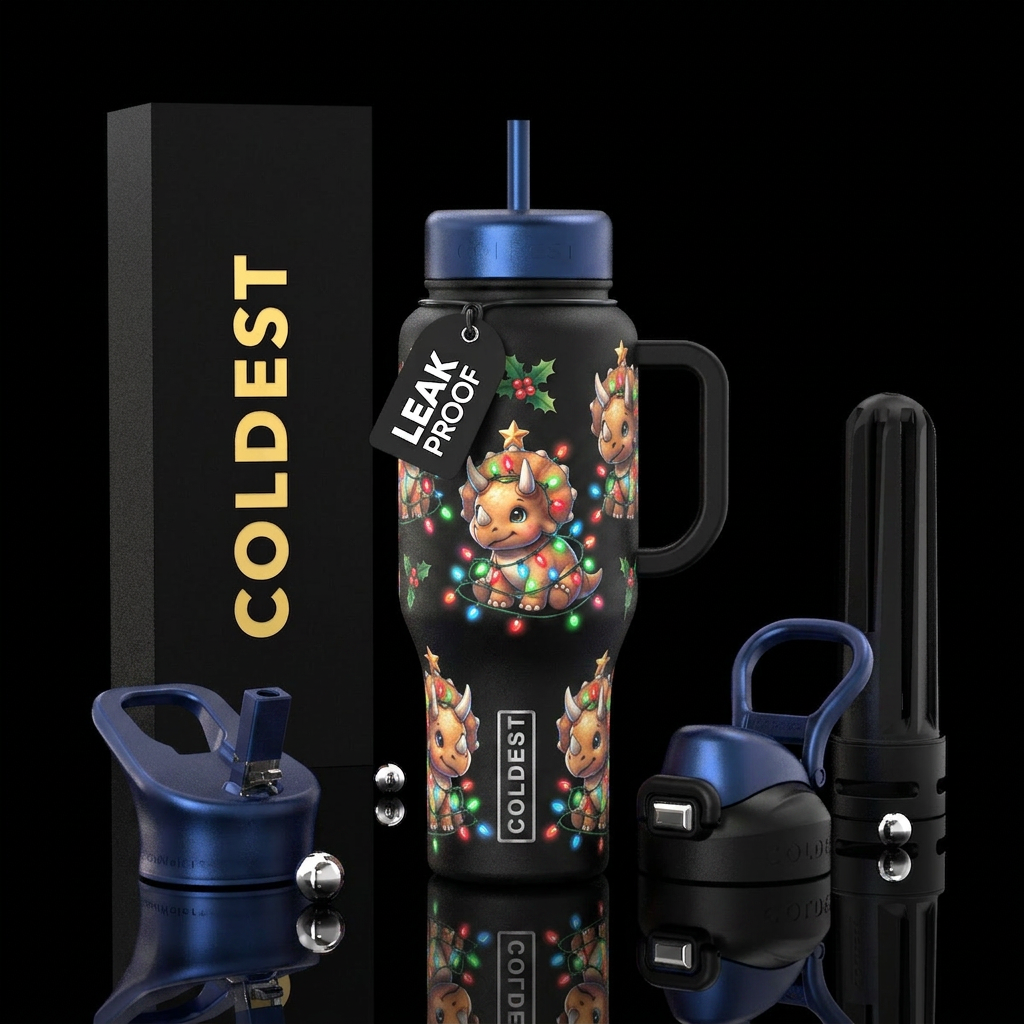 Baby triceratops wrapped in Xmas lights with stars... water bottle design