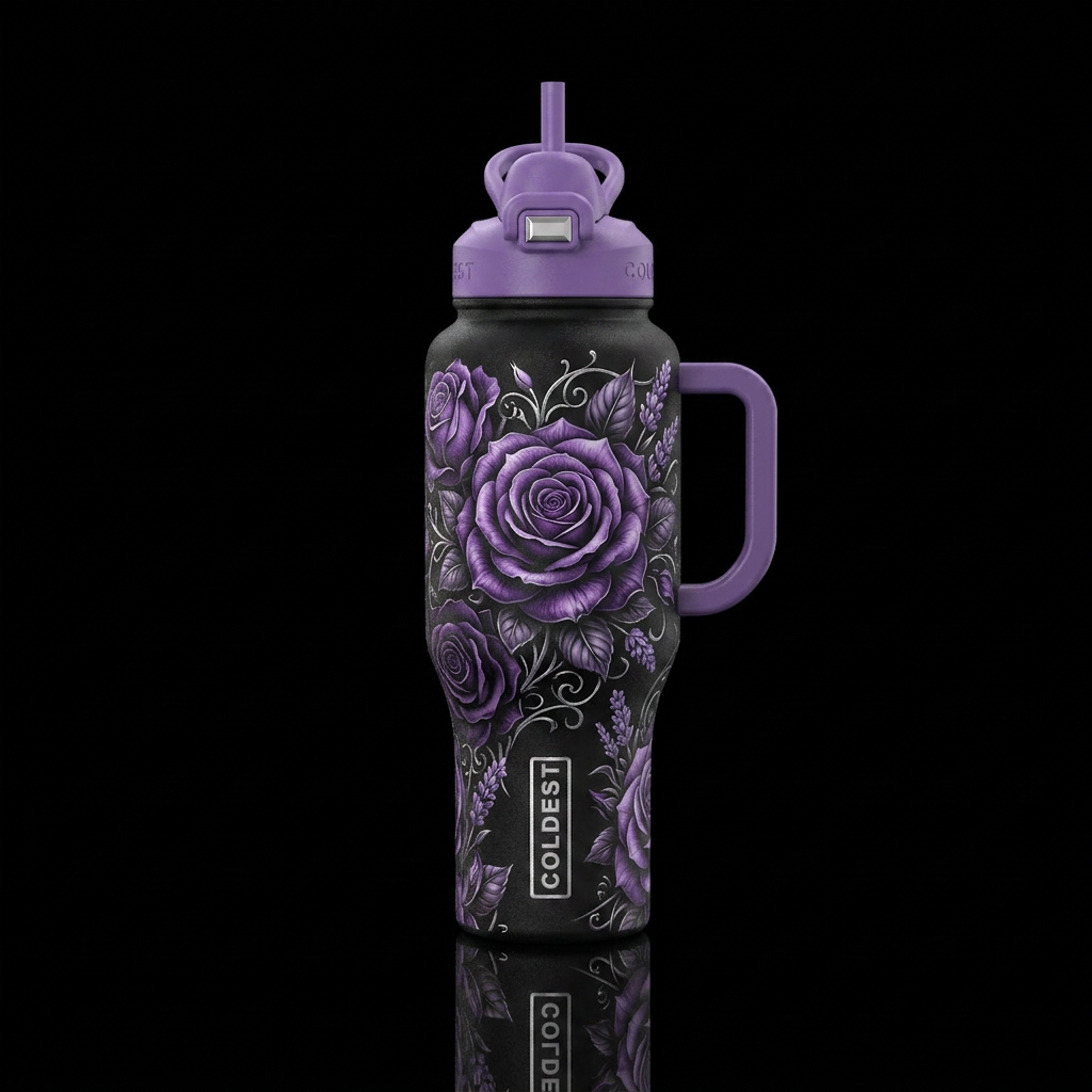 Purple cabbage roses and matte black back ground. ... water bottle design