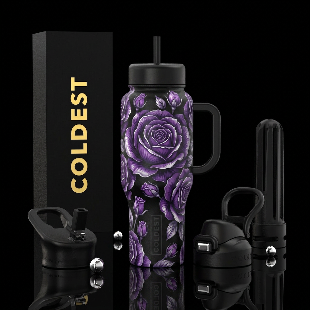 Purple cabbage roses and matte black back ground. ... water bottle design