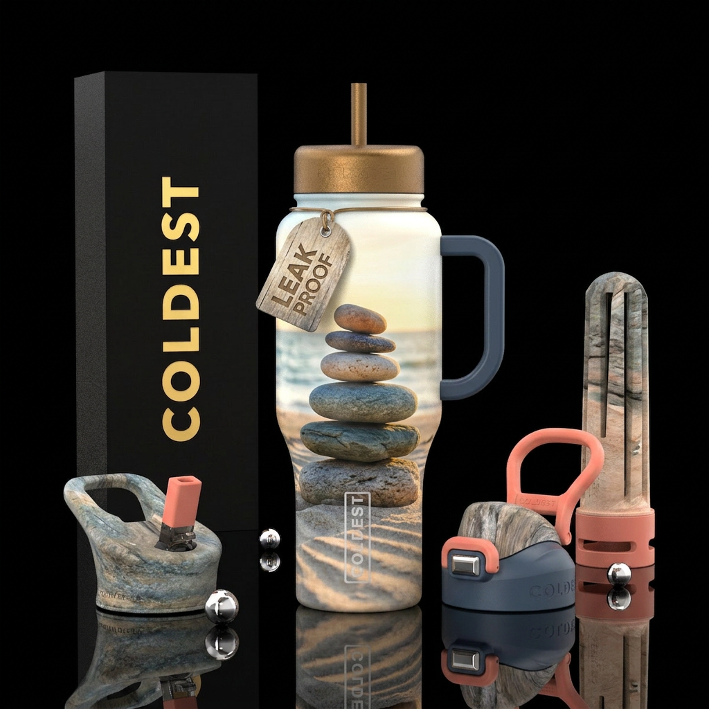 Zen rock formation on deserted tranquil beach water bottle design