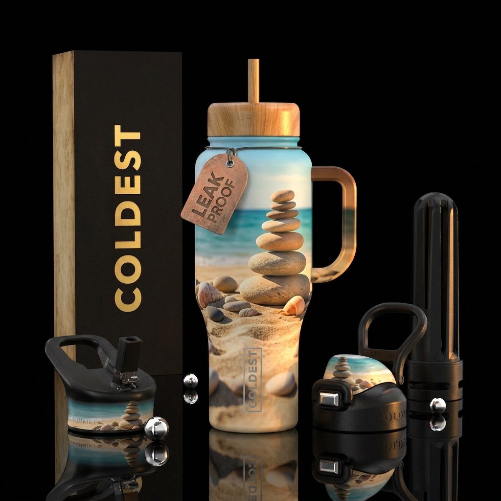 Zen rock formation on deserted tranquil beach water bottle design