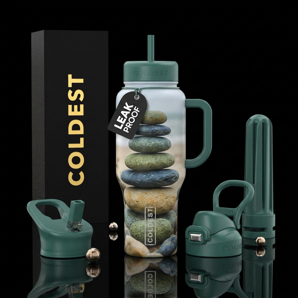 Zen rock formation on deserted tranquil beach water bottle design