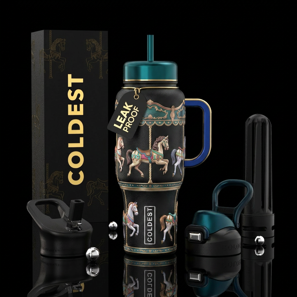 Merry ho round horses going around the cup. Make e... water bottle design