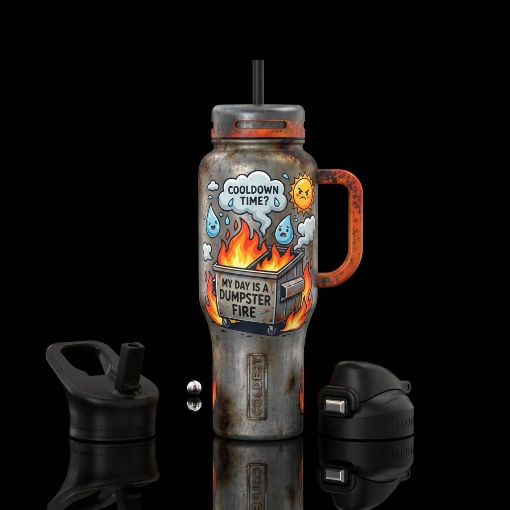 A comical spin on the term " dumpster fire" water bottle design