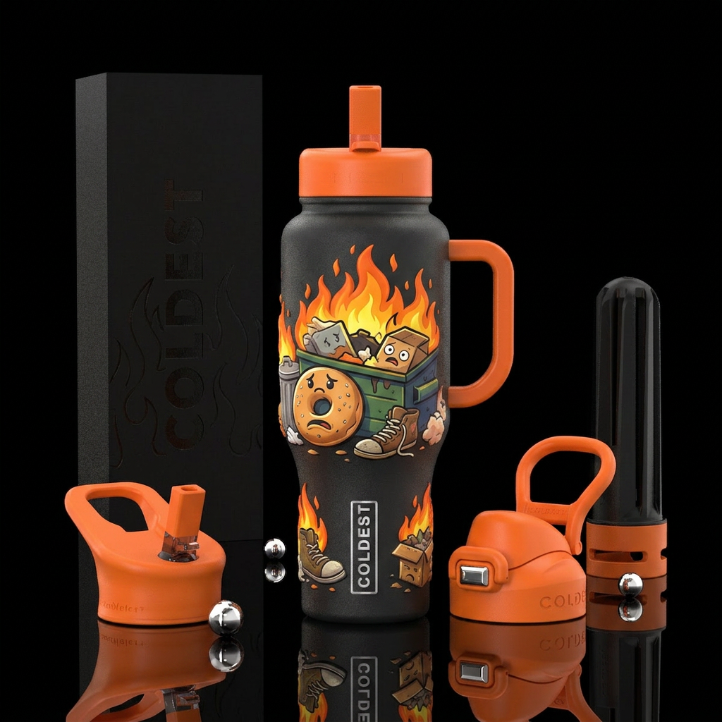 A comical spin on the term " dumpster fire" water bottle design