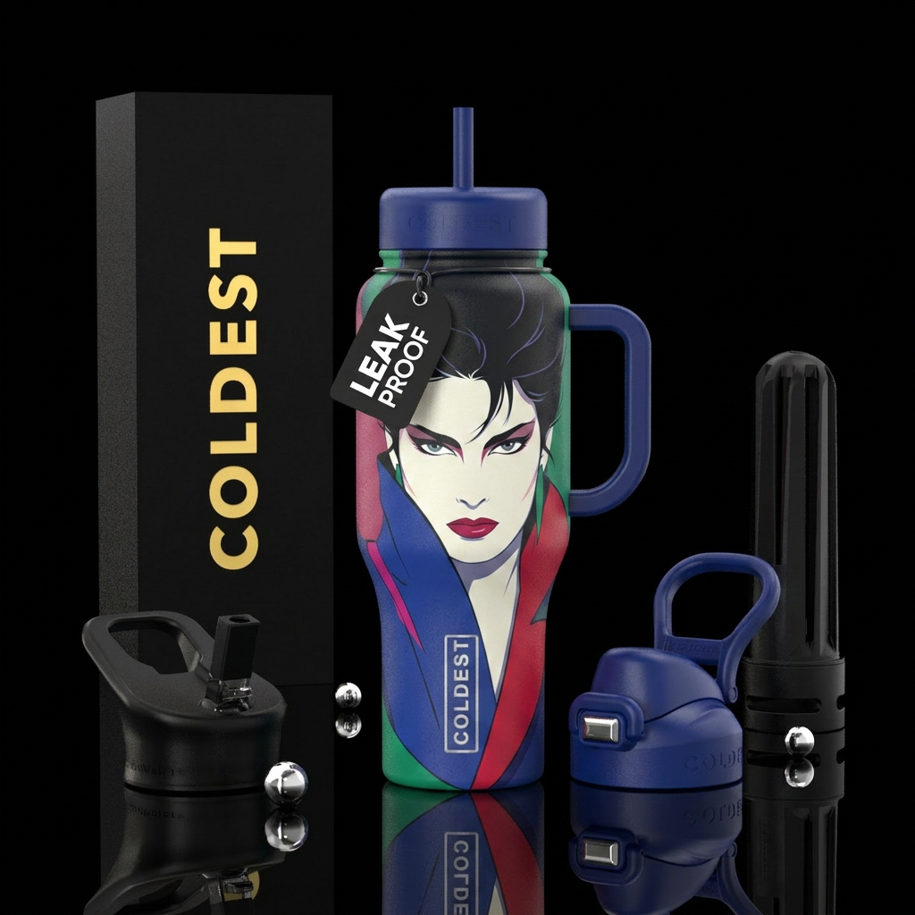 Patrick Nagel portrait of darkness haired woman, 1... water bottle design