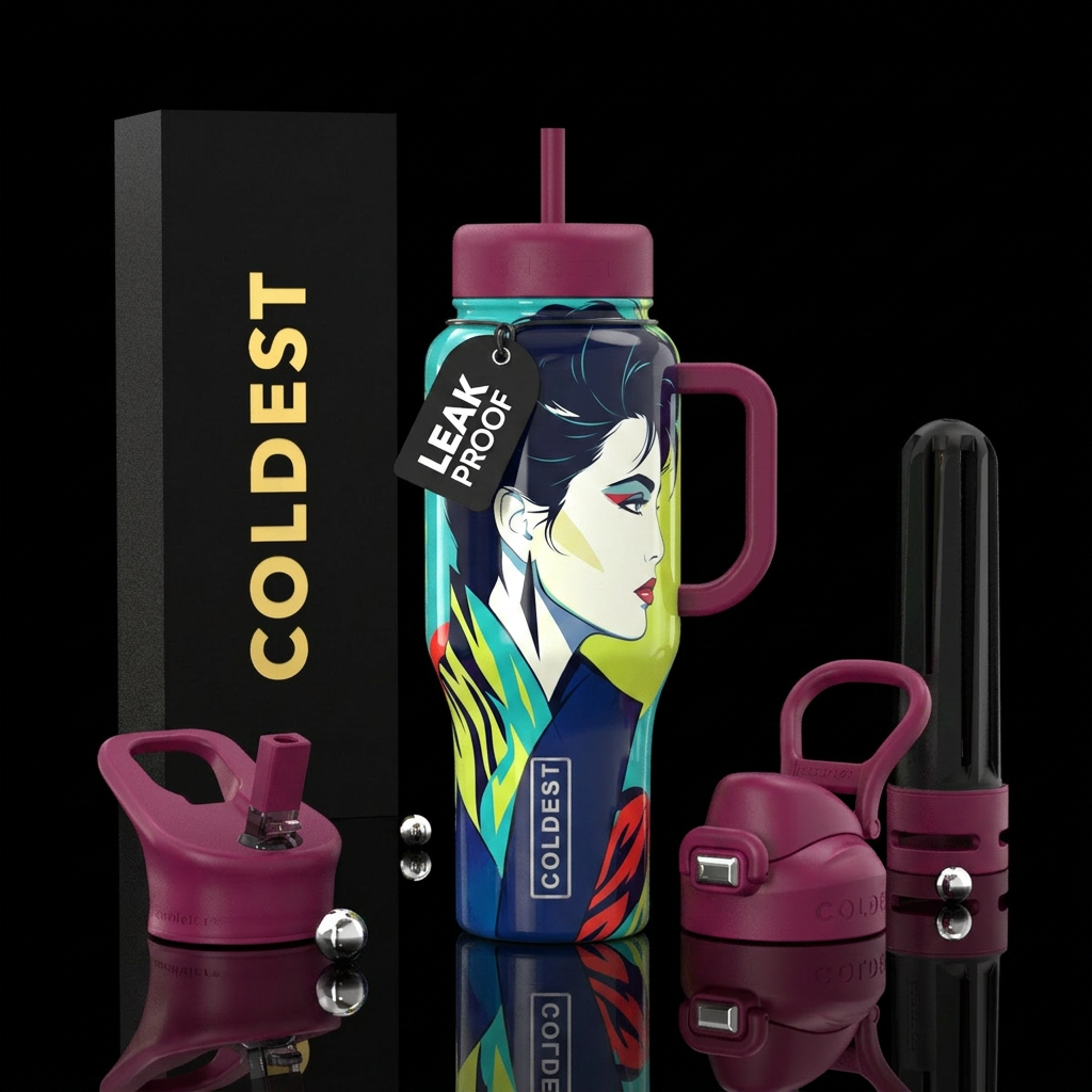 Patrick Nagel portrait of darkness haired woman, 1... water bottle design