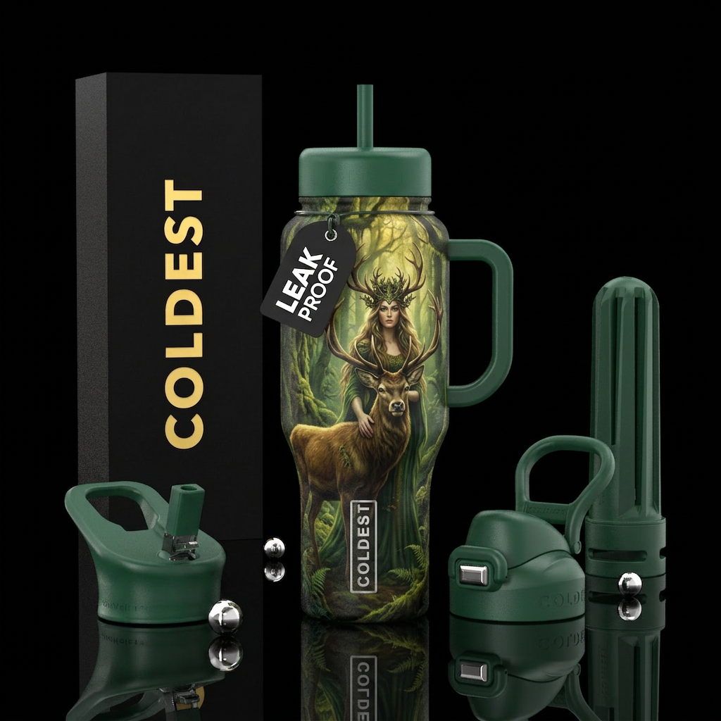 Queen of the forest, pretty lady with long hair an... water bottle design