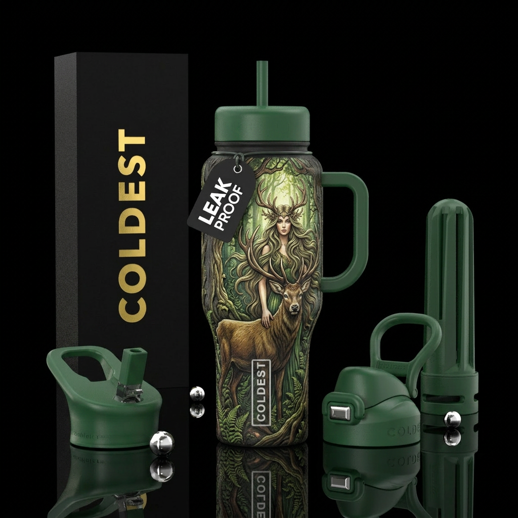 Queen of the forest, pretty lady with long hair an... water bottle design