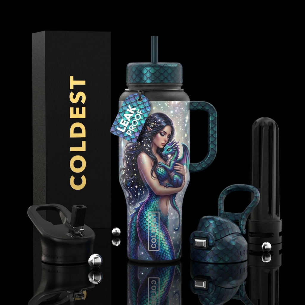 Queen of the dragons, show a beautiful lady with l... water bottle design