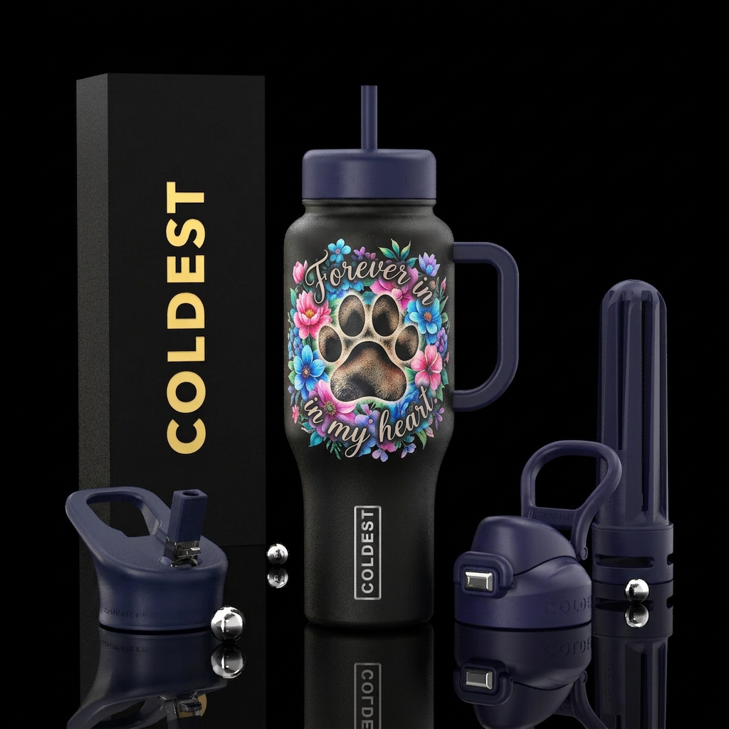 Large dog paw print, surrounded by flowers with in... water bottle design