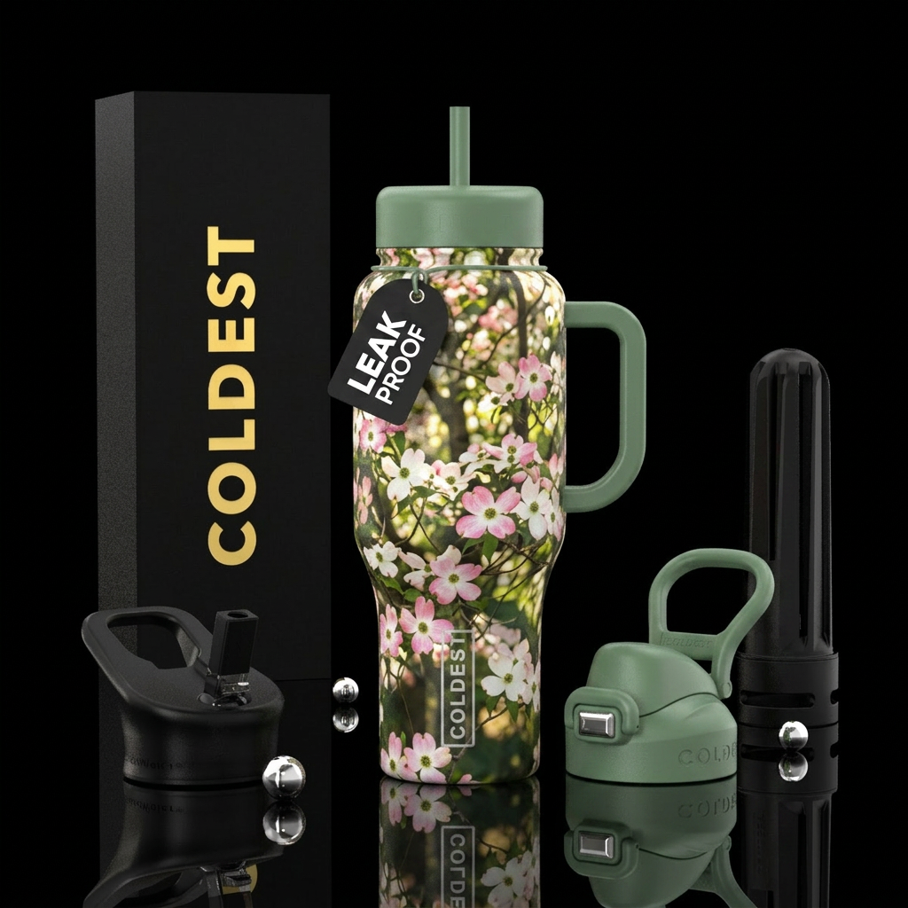 Dogwood trees, flowering in dappled sunlight. water bottle design