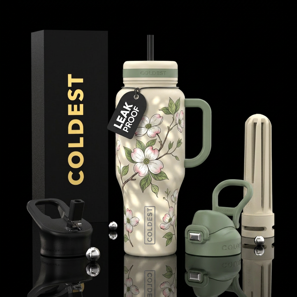 Dogwood trees, flowering in dappled sunlight. water bottle design