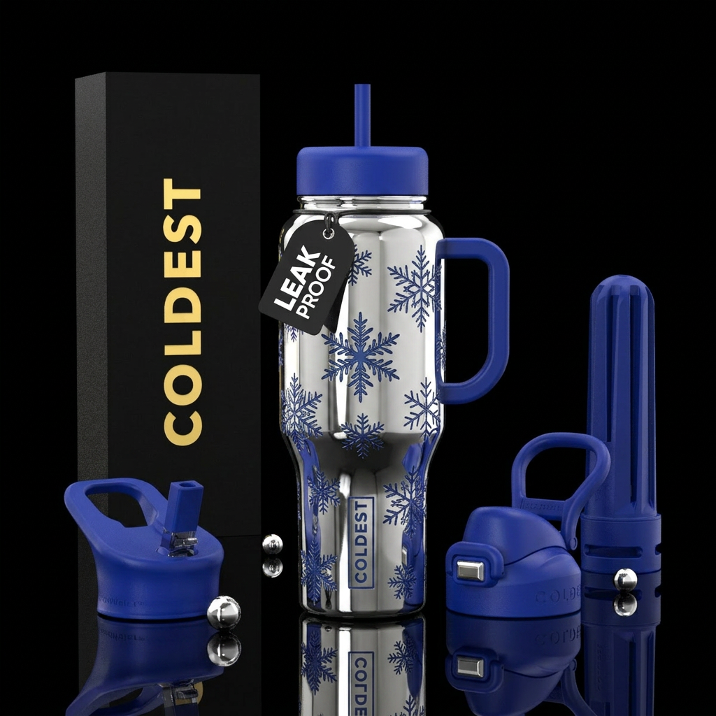 Silver chrome background with snow flakes etched i... water bottle design