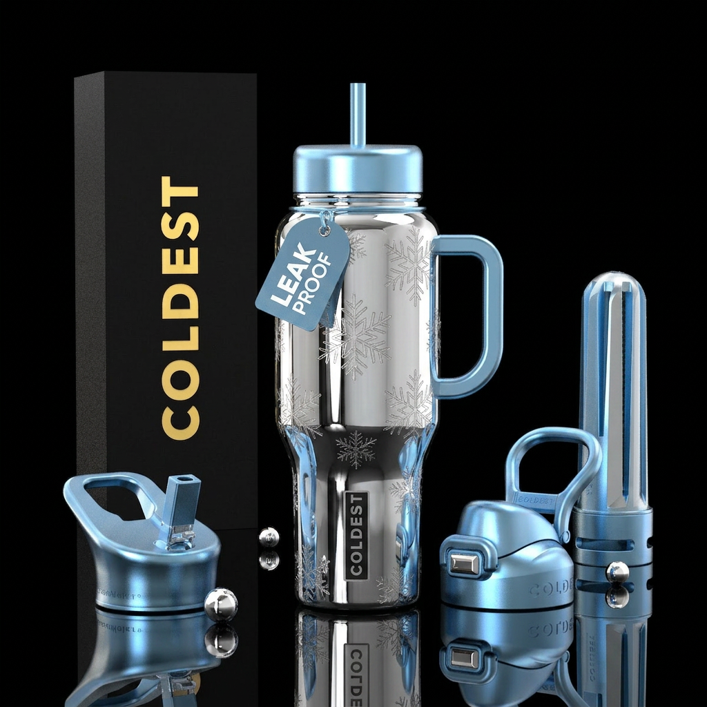 Silver chrome background with snow flakes etched i... water bottle design
