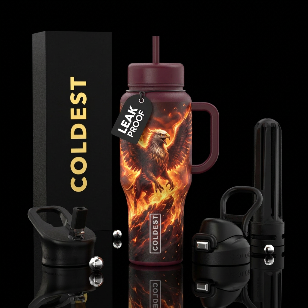 Burgundy background, with  Griffin rising up throu... water bottle design