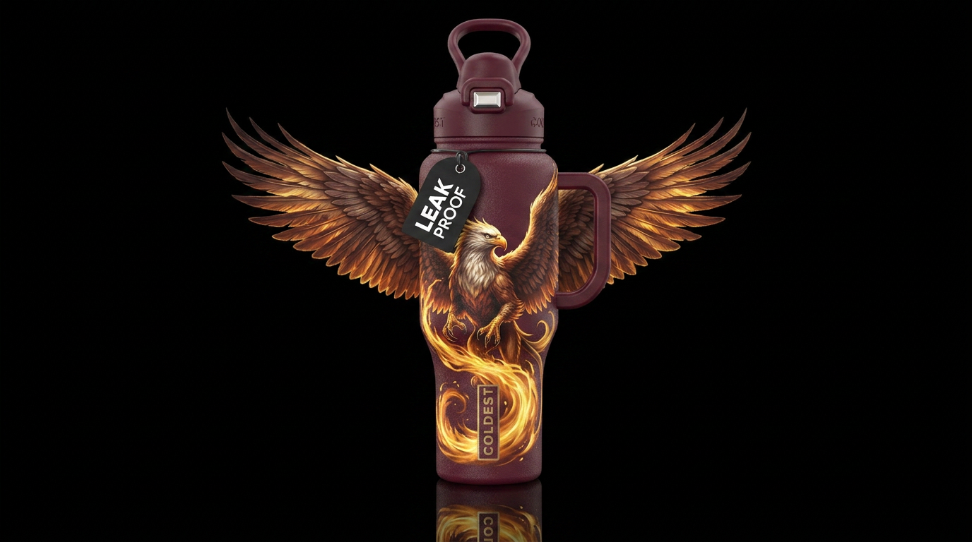 Burgundy background, with  Griffin rising up throu... water bottle design