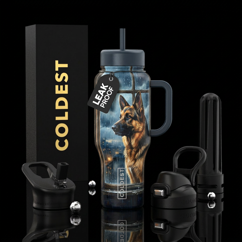 German shepherd watching out window on rainy day water bottle design