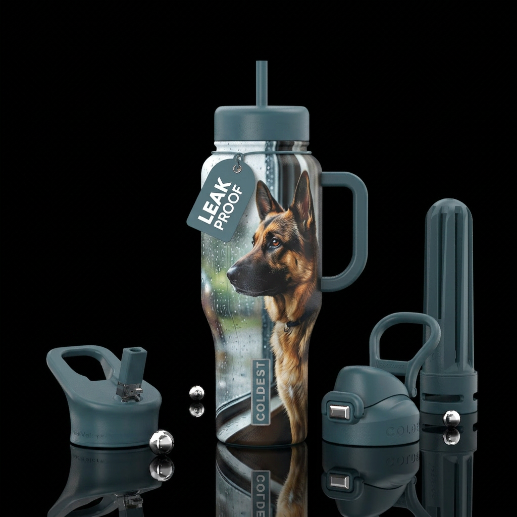 German shepherd watching out window on rainy day water bottle design