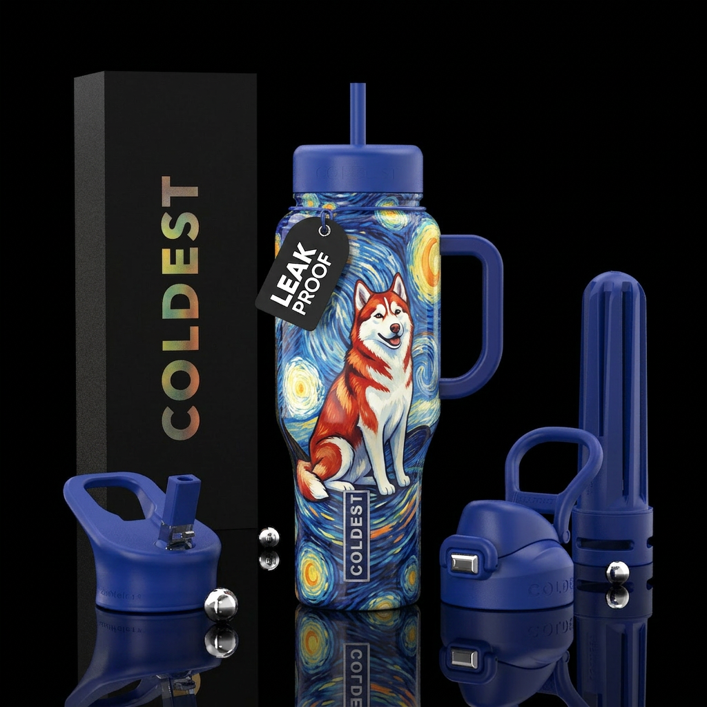 Red and white husky with van gogh starry night bac... water bottle design