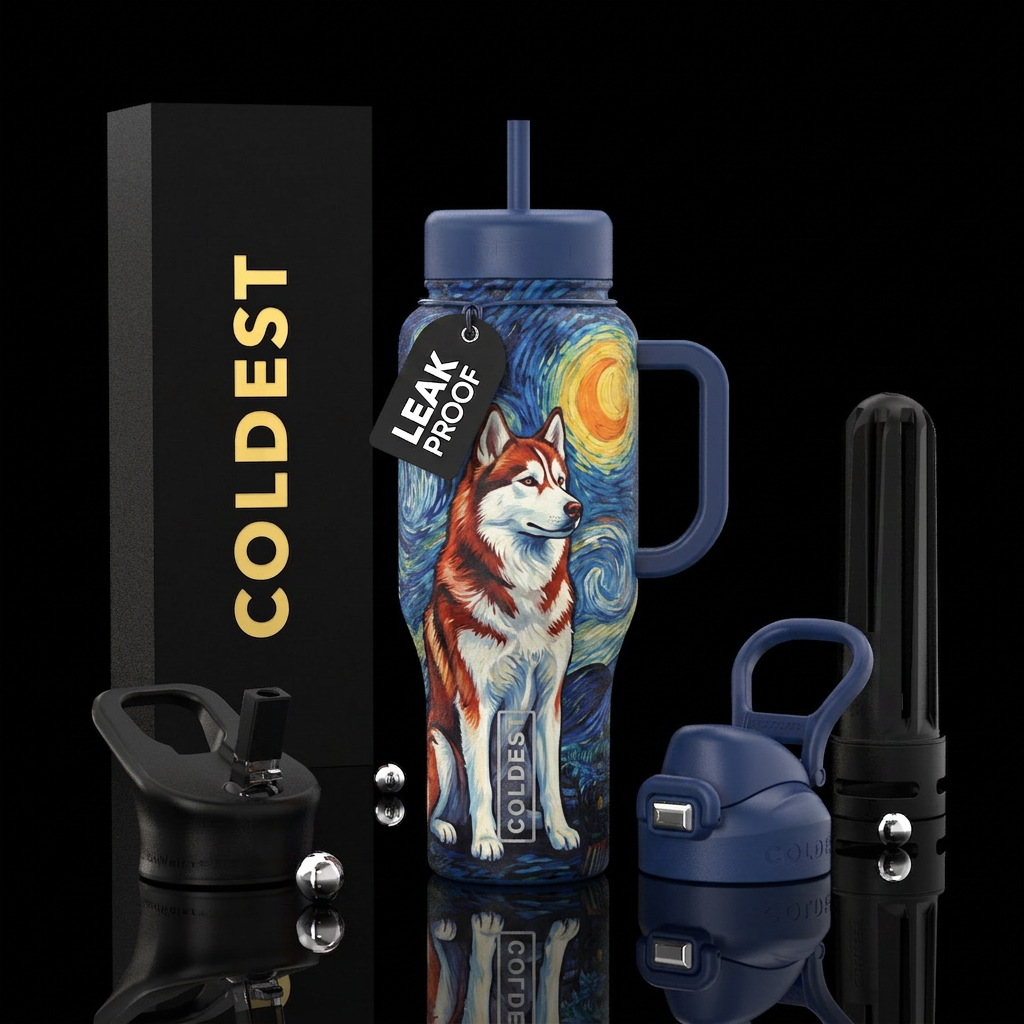 Red and white husky with van gogh starry night bac... water bottle design
