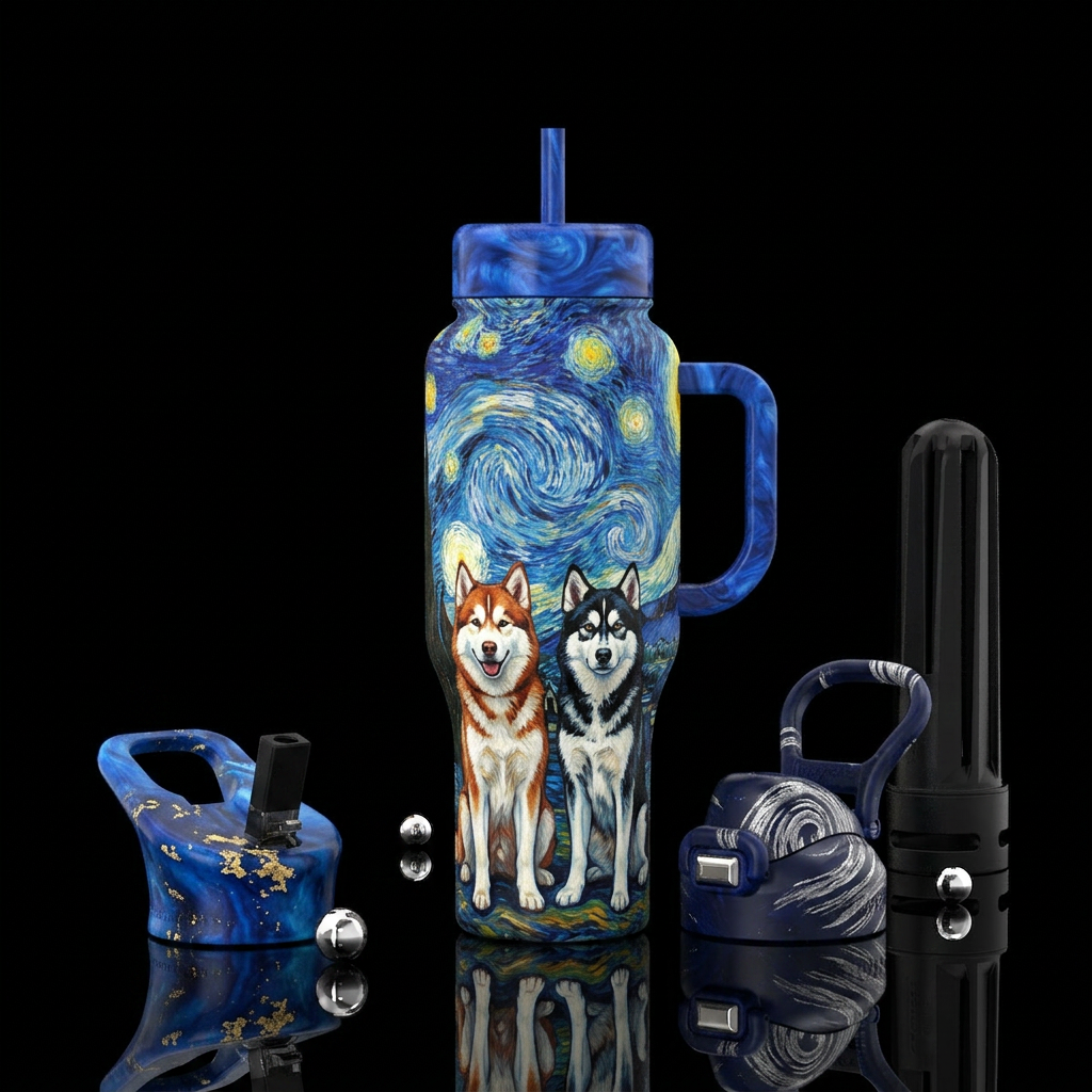 Red and white malamute with van gogh starry night ... water bottle design