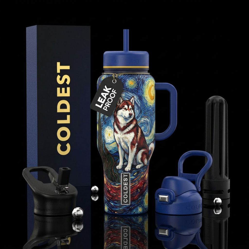 Red and white malamute with van gogh starry night ... water bottle design