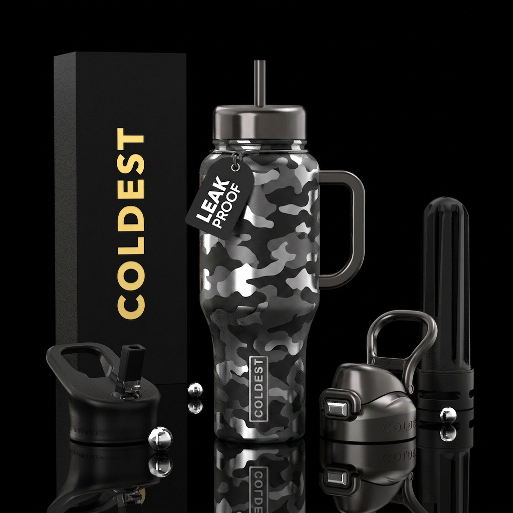 Black and chrome camouflage water bottle design