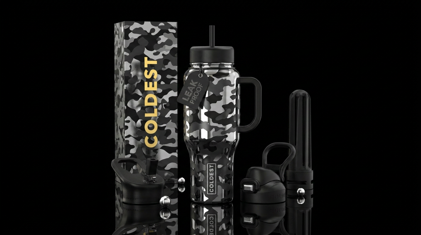 Black and chrome camouflage water bottle design