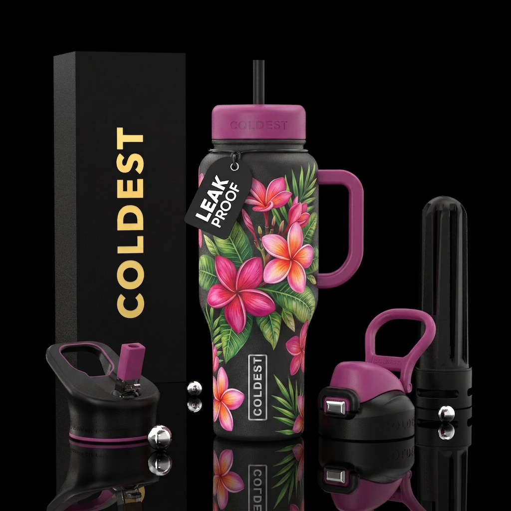 Plumaria, in pink, pink and orange,  show greenery... water bottle design