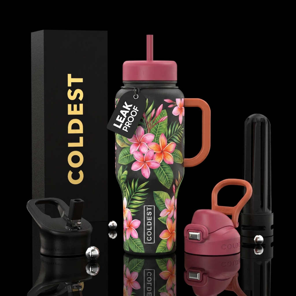 Plumaria, in pink, pink and orange,  show greenery... water bottle design