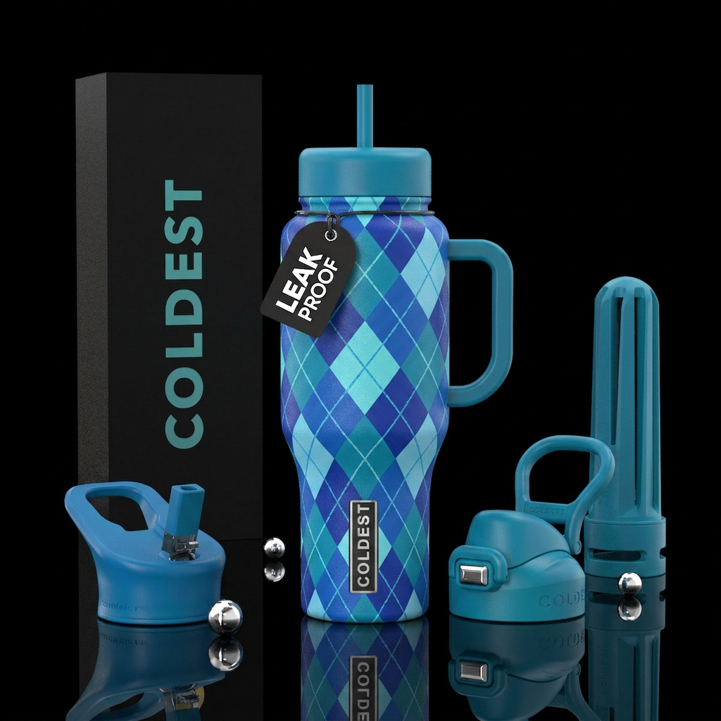 Argyle in blues and teals water bottle design