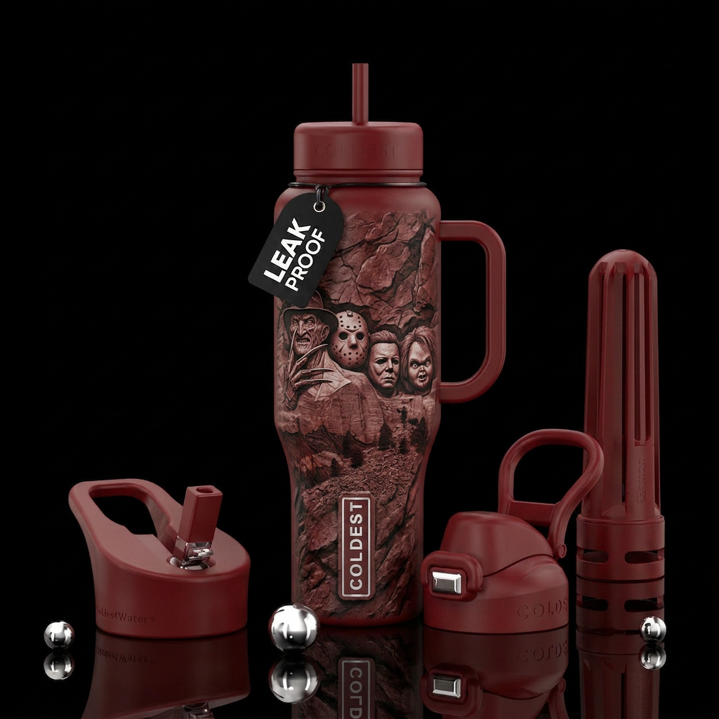 Mount Rushmore with horror movie villains, freddie... water bottle design