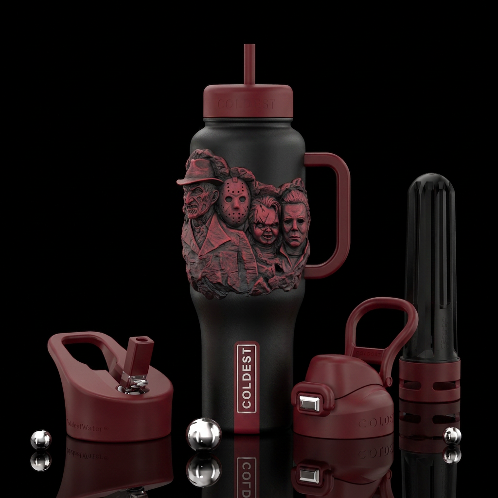 Mount Rushmore with horror movie villains, freddie... water bottle design