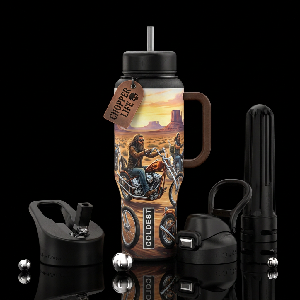 Harley Davidson chopper with biker reminiscent of ... water bottle design