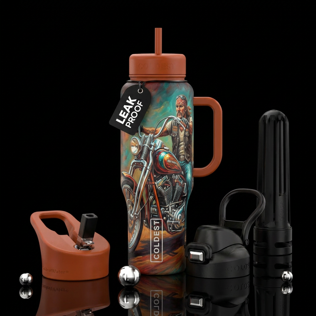 Harley Davidson chopper with biker reminiscent of ... water bottle design