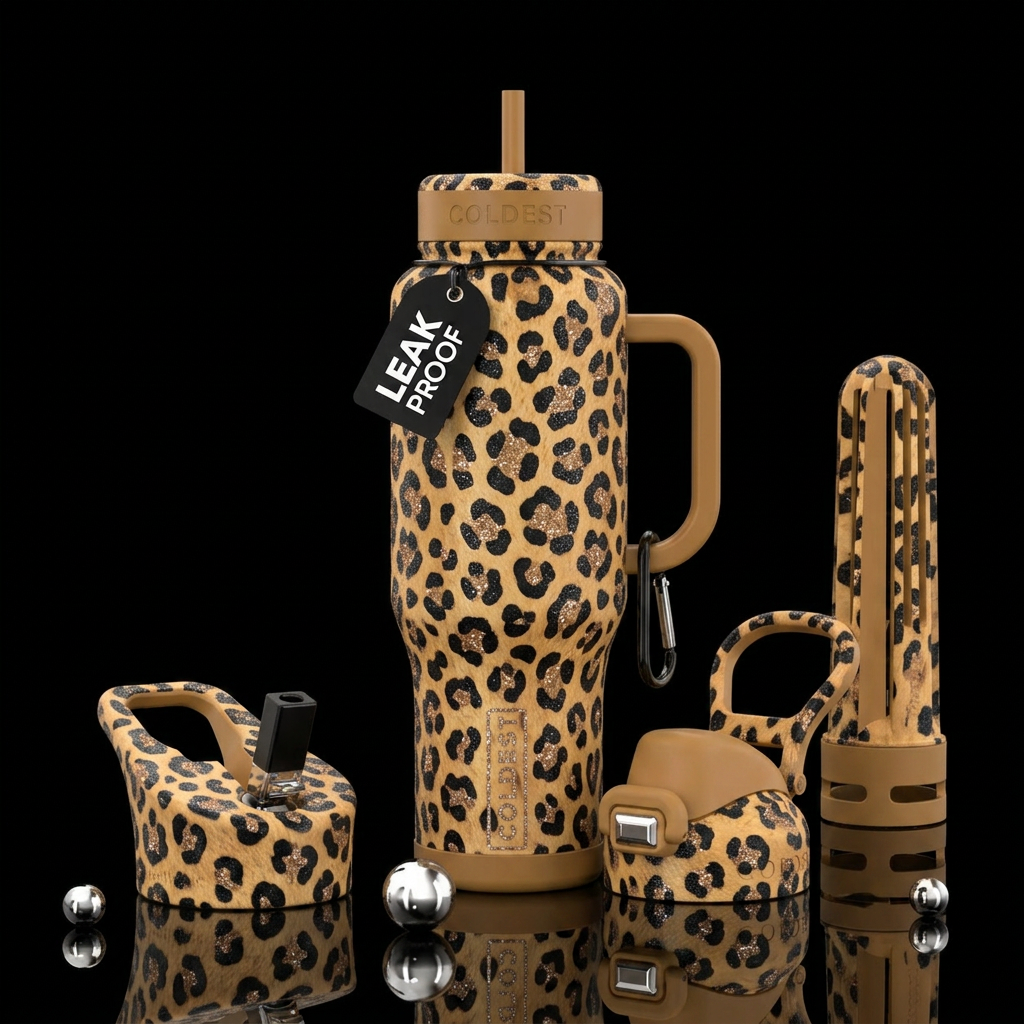 Leopard print with glitter not too ai looking water bottle design