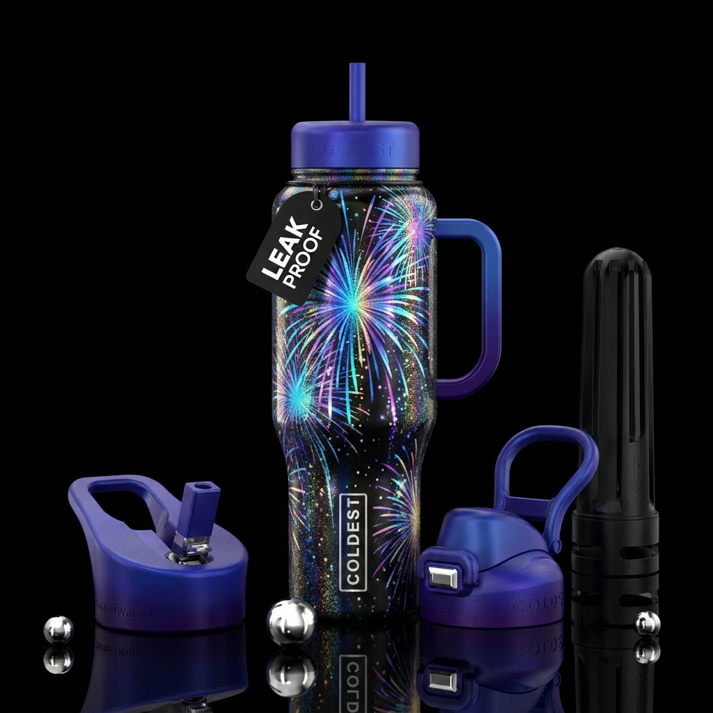 Star burst on dark back ground with iridescent smi... water bottle design