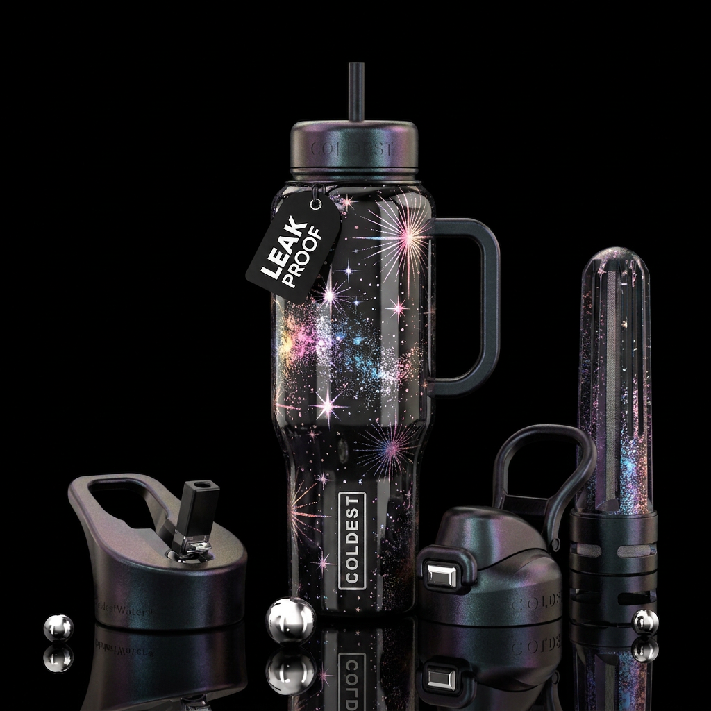 Star burst on dark back ground with iridescent smi... water bottle design