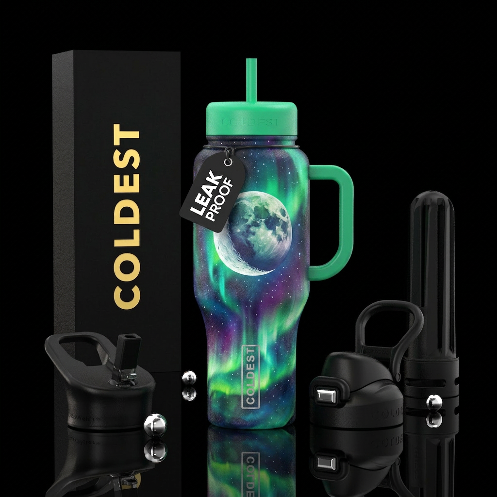 moon with aurora water bottle design