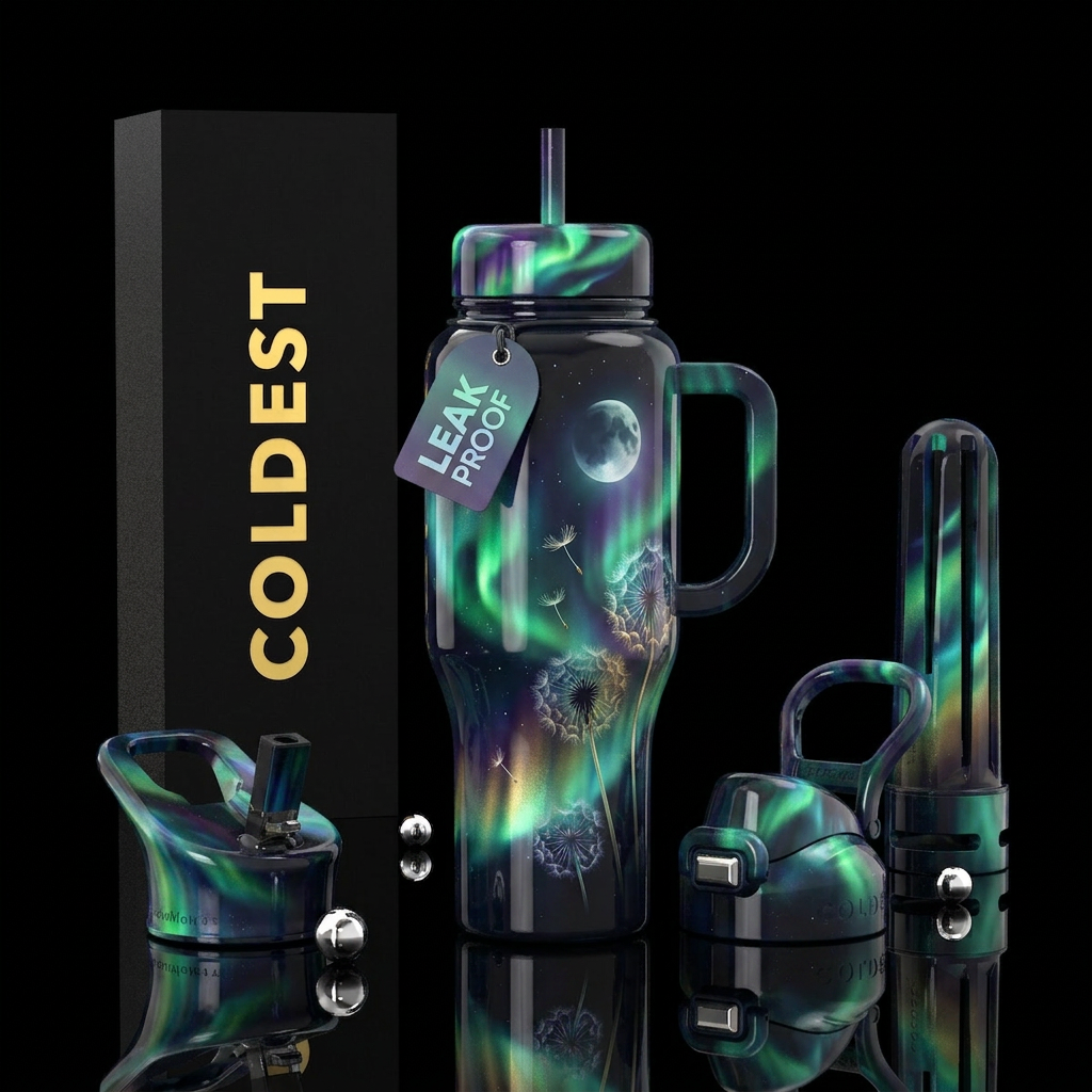 dandilion with moon and aurora water bottle design
