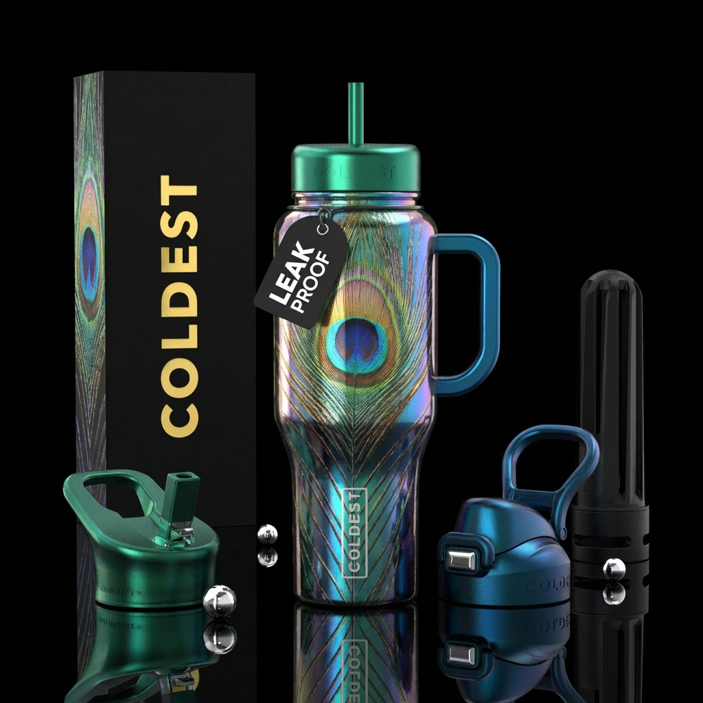 iridescent peacock feathers water bottle design