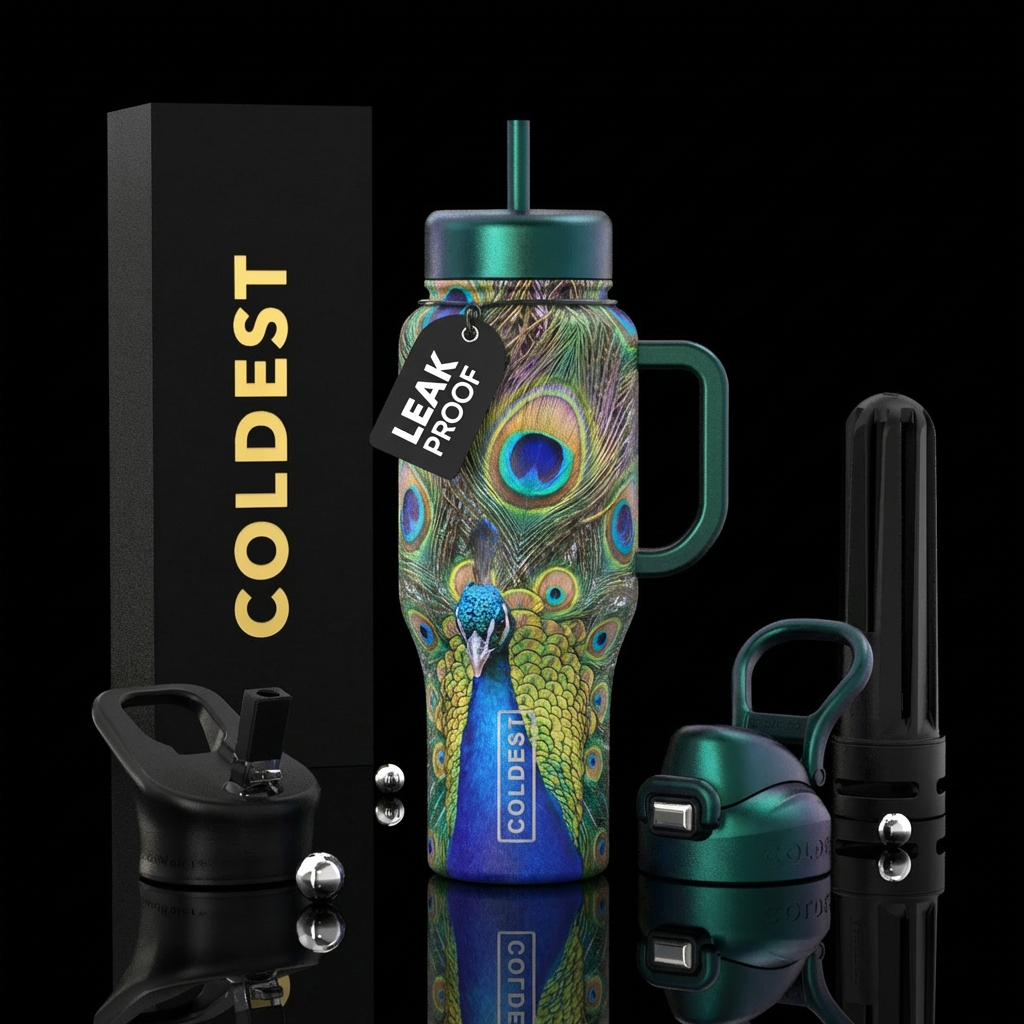 iridescent peacock spread feathers water bottle design