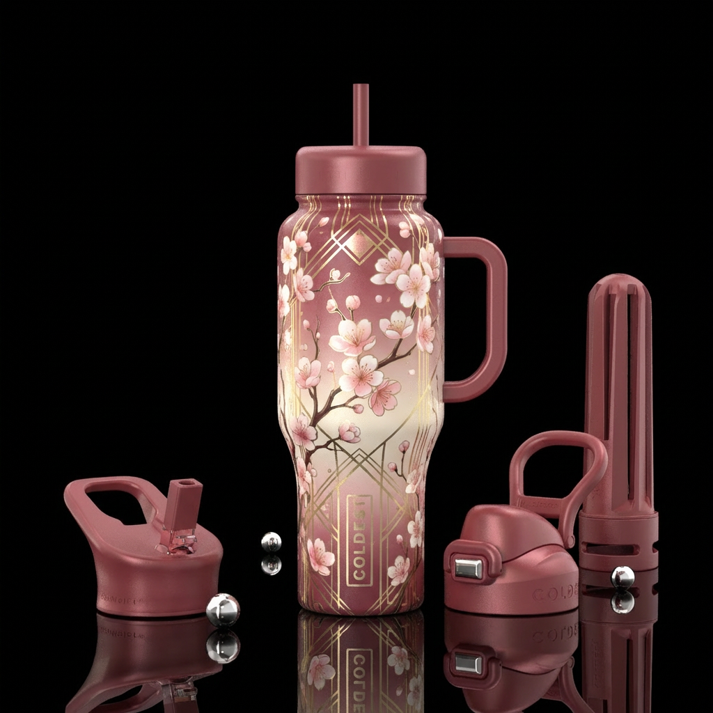 romantic, art deco era, cherry blossom season water bottle design
