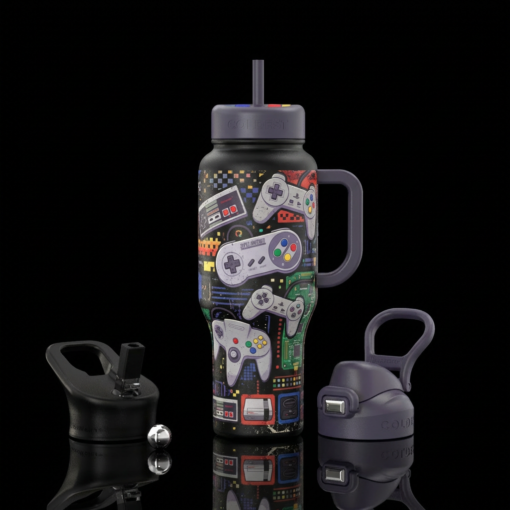 game controller, game console,, nostalgic water bottle design