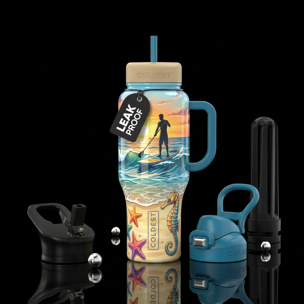 paddleboarding, summer, beach, waves, star fish, s... water bottle design